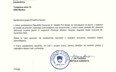 Častno pokroviteljstvo predsednice republike 90. obletnica delovanja Društva gluhih in naglušnih Podravja Maribor